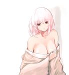  1girl absurdres alternate_costume azur_lane bangs blanket blanket_over_midsection breasts cleavage commentary_request eyebrows_visible_through_hair hair_between_eyes highres large_breasts looking_at_viewer red_eyes short_hair simple_background sirius_(azur_lane) solo white_background white_hair yagoro_kusuriya 