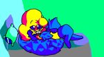  ambiguous_gender anthro bed big_tail blue_eyes blue_tail clothing domestic_cat douglyxia felid feline felis footwear fur furniture half-closed_eyes lying lying_on_bed mammal narrowed_eyes on_back on_bed pillow smile socks solo yellow_body yellow_fur 