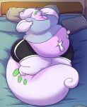  antennae_(anatomy) anthro bed belly belly_grab big_belly big_breasts breasts chub-united cleavage clothed clothing disembodied_hand dragon eyes_closed female furniture goodra green_spots hand_on_stomach happy hi_res long_tail navel nintendo non-mammal_breasts obese obese_anthro obese_female overweight overweight_anthro overweight_female pillow plum_(cozydragonss) pok&eacute;mon pok&eacute;mon_(species) purple_body smile spots thick_tail video_games 