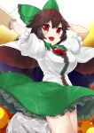  1girl :d arm_cannon blurry bokeh bow breasts brown_hair cape center_frills cowboy_shot depth_of_field feathered_wings frills hair_bow harry_(namayake) highres large_breasts long_hair looking_at_viewer overexposure petticoat radiation_symbol red_eyes reiuji_utsuho skirt smile solo touhou weapon wings 