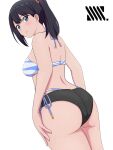  1girl ass bikini black_hair blue_eyes blush breasts commentary cowboy_shot dutch_angle eyebrows_visible_through_hair food-themed_hair_ornament from_behind garam_masala_(7355873) gridman_universe hair_between_eyes hair_ornament hands_on_own_thighs highleg highleg_bikini highres layered_bikini looking_at_viewer looking_back medium_breasts official_alternate_costume orange_hair_ornament ponytail simple_background solo ssss.gridman string_bikini striped striped_bikini swimsuit takarada_rikka thighs white_background 