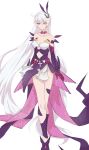  1girl absurdres bangs bare_shoulders breasts cleavage closed_mouth cosplay dress elbow_gloves gloves hair_ornament hanyaohui highres honkai_(series) honkai_impact_3rd kiana_kaslana kiana_kaslana_(herrscher_of_the_void) long_hair looking_at_viewer purple_dress purple_footwear purple_gloves simple_background sirin sirin_(cosplay) solo strapless strapless_dress white_background white_hair yellow_eyes 