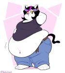  anthro barefoot belly belly_overhang big_belly big_breasts big_butt black_hair blush bodily_fluids bodypaint bottomwear breasts butt catti_(deltarune) chubby_cheeks cleavage clothed clothing deep_navel deltarune denim denim_clothing dewlap_(anatomy) domestic_cat double_chin ear_piercing ear_ring english_text eyeliner face_paint feet felid feline felis female front_view frown fur hair hand_behind_head hand_on_stomach hi_res highlights_(coloring) huge_breasts huge_hips huge_thighs jeans looking_at_belly looking_at_own_belly looking_at_self looking_down looking_down_at_self love_handles makeup mammal midriff morbidly_obese morbidly_obese_anthro morbidly_obese_female navel navel_piercing nervous obese obese_anthro obese_female overweight overweight_anthro overweight_female pants piercing pink_highlights raised_clothing raised_shirt raised_topwear shirt short_hair signature simple_background solo standing sweat text thick_thighs tight_clothing tight_shirt tight_topwear topwear torn_belt torn_clothing undertale_(series) video_games viking_skirts wardrobe_malfunction whiskers white_body white_fur wide_hips yellow_sclera 