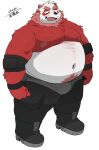  2022 anthro belly black_nose bulge giant_panda hi_res humanoid_hands kemono male mammal moobs navel nipples overweight overweight_male red_body simple_background solo uokkom ursid white_background white_body 