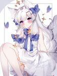  1girl animal_ears bow caci_vulpecula dress fox_ears fox_girl fox_tail hair_ornament hairclip halo highres indie_virtual_youtuber looking_at_viewer pale_skin purple_eyes ribbon solo sorani_(kaeru0768) star_(symbol) tail thighs virtual_youtuber white_hair 