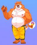  absurd_res alexfluffywoofy anthro bouquet bulge cervid clothed clothing crotch_tuft flower flower_bouquet gesture hand_behind_back hi_res holding_flower holding_object hybrid looking_at_viewer male mammal mishka_(starstrucksam) nipples open_mouth pawpads paws plant scut_tail short_tail slightly_chubby smile solo sweatpants topless tuft ursid waving 