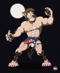  2021 4_toes animal_genitalia animal_penis anthro armpit_hair body_hair brown_hair brown_pawpads canid canine canine_penis claws clenched_teeth clothing facial_hair feet full_moon fur fur_growth genitals growth hair happy_trail hi_res leg_hair looking_at_hand male mammal mid_transformation moon muscular muscular_male nipples pawpads paws penis simple_background sky3 solo teeth toe_claws toes torn_clothing torn_underwear transformation underwear were werecanid werecanine werewolf 