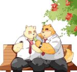  2022 anthro bench blush bottomwear canid canine canis cellphone clothing dessert domestic_dog duo eating eyes_closed food ginsingoo1 hi_res ice_cream kemono male male/male mammal necktie overweight overweight_male pants phone shirt sitting smartphone topwear 