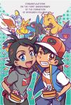  2boys ash_ketchum black_hair blue_eyes cake chappy_(kanata218) child commentary_request dark-skinned_male dark_skin food goh_(pokemon) highres holding holding_food looking_at_viewer multiple_boys one_eye_closed otoko_no_ko pokemon pokemon_(anime) pokemon_(creature) pokemon_swsh_(anime) red_headwear teeth 