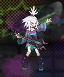  1girl 4091 :d bass_guitar black_footwear boots commentary_request dress freckles full_body hair_bobbles hair_ornament holding holding_instrument instrument looking_at_viewer open_mouth outstretched_arm pixel_art platform_boots pokemon pokemon_(game) pokemon_bw2 roxie_(pokemon) smile solo spiked_hair standing striped striped_dress teeth tongue topknot two-tone_dress white_hair 