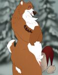 absurd_res anthro blurred_background brown_body brown_fur cervid christmas christmas_clothing christmas_headwear claws clothing crossed_arms crotch_tuft erection eyebrows forest fur genitals hat hat_on_penis headgear headwear hi_res holidays humanoid_genitalia humanoid_penis hybrid likanen looking_at_viewer male mammal mishka_(starstrucksam) open_mouth penis penis_clothing penis_hat plant raised_eyebrow santa_hat scut_tail short_tail slightly_chubby snow solo teeth tree tuft ursid white_body white_fur 