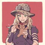  1boy beard blonde_hair brown_hair facial_hair goggles goggles_on_headwear green_eyes gyro_zeppeli hat holding holding_toy jojo_no_kimyou_na_bouken light_brown_hair long_hair male_focus son_(skvnmn0) steel_ball_run stuffed_animal stuffed_toy teddy_bear toy 