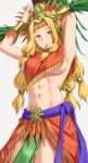  1girl abs armpits arms_behind_head arms_up bangs blonde_hair bracer breasts chin_piercing cleavage fate/grand_order fate_(series) feathers green_eyes headband headdress jewelry large_breasts long_hair looking_at_viewer muscular muscular_female navel neck_ring parted_bangs poncho quetzalcoatl_(fate) sarhce sash sideboob smile thighs 