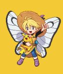 1girl 4091 :d bangs belt blonde_hair blue_pants boots brown_belt brown_headwear commentary_request hat holding holding_pokemon open_mouth outstretched_arm pants pikachu pixel_art pokemon pokemon_(creature) pokemon_adventures purple_footwear short_hair simple_background smile straw_hat teeth tongue tunic upper_teeth yellow_(pokemon) yellow_background 