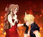  1boy 1girl :d aerith_gainsborough bare_arms bare_shoulders blonde_hair breasts brown_hair cleavage cloud_strife dress earrings final_fantasy final_fantasy_vii final_fantasy_vii_remake gloves green_eyes jewelry krudears long_hair medium_breasts necklace open_mouth red_dress red_nails smile spiked_hair star_(symbol) star_earrings star_necklace strapless strapless_dress 