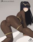  1girl all_fours ass bangs black_hair blunt_bangs blush bodystocking bodysuit brown_bodysuit cameltoe closed_mouth donburi_(donburikazoku) fire_emblem fire_emblem_awakening from_behind hair_ornament highres long_hair looking_at_viewer looking_back partially_visible_vulva patreon_username purple_eyes solo tharja_(fire_emblem) thighlet thighs 