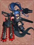  1girl black_skirt black_tank_top blue_hair boots chain_paradox chainsword dual_wielding hetza_(hellshock) holding horns knee_boots lizard_tail long_hair looking_at_viewer open_mouth pink_eyes ponytail red_background sharp_teeth shouting skirt solo tail tank_top teeth thighhighs very_long_hair 