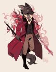 anthro boots cane canid canine canis clothing coat eye_patch eyewear flower footwear hi_res looking_aside male mammal melee_weapon morteraphan plant pollen simple_background solo sword topwear walking weapon wolf 