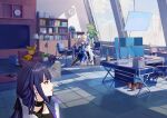  1girl :d bangs black_choker blue_sky book bronya_zaychik bronya_zaychik_(herrscher_of_reason) cabinet cardboard_cutout chair choker clock computer couch doll earrings helmet homu_(honkai_impact) honkai_(series) honkai_impact_3rd indoors jewelry lamp long_hair monitor motorcycle_helmet office office_chair open_mouth purple_eyes purple_hair raiden_mei silence_girl sky smile solo table television window 