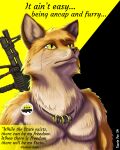  2004 anthro bodily_fluids brown_body brown_fur canid canine casual_nudity crying english_text flag fox fur fursecution fursecution_fox gun jewelry libertarian_porcupine male mammal multicolored_jewelry multicolored_necklace necklace necklace_only nude pupils ranged_weapon slit_pupils solo taurin_fox tears text weapon whiskers yellow_eyes 