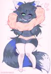 absurd_res after_transformation anthro bottomwear canid canine canis chikomoki clothing crop_top cyber_di_wolf female fluffy fluffy_tail gender_transformation hi_res hotpants legwear mammal shirt shorts solo thick_thighs thigh_highs topwear transformation wolf 