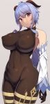  1girl ahoge bangs bare_shoulders blue_hair blush bodystocking breasts brown_gloves covered_navel covered_nipples detached_sleeves elbow_gloves ganyu_(genshin_impact) genshin_impact gloves highres horns large_breasts long_hair looking_at_viewer purple_eyes samegami solo thighs 