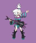  1girl 4091 :d bass_guitar black_footwear boots commentary_request dress freckles full_body hair_bobbles hair_ornament holding holding_instrument instrument looking_at_viewer open_mouth outstretched_arm pixel_art platform_boots pokemon pokemon_(game) pokemon_bw2 purple_background roxie_(pokemon) simple_background smile solo spiked_hair standing striped striped_dress teeth tongue topknot two-tone_dress white_hair 