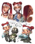  1boy 1girl \m/ alternate_hairstyle annoyed apex_legends arm_tattoo black_gloves blue_gloves cable chibi collarbone d.o.c._health_drone dark-skinned_female dark_skin detached_sleeves double_bun fingerless_gloves gloves hair_behind_ear headband headset highres kneeling lifeline_(apex_legends) long_hair mask mouth_mask multiple_views neko_juu octane_(apex_legends) one_eye_closed open_mouth red_eyes robot smile speech_bubble tattoo translation_request twintails white_headband 