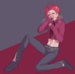  1boy blood blood_on_clothes blood_on_face blood_on_hands crop_top freckles full_body highres jojo_no_kimyou_na_bouken male_focus midriff nosebleed pink_hair ponytail ribbed_sweater solo son_(skvnmn0) sweater turtleneck vento_aureo vinegar_doppio wiping_nose yellow_eyes 