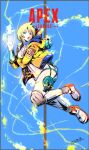  1girl airborne apex_legends blonde_hair blue_eyes bodysuit breasts copyright_name electricity eyebrows_visible_through_hair floating_hair hood hooded_jacket jacket logo medium_breasts open_hand open_mouth orange_jacket rossoheaven short_hair sky solo wattson_(apex_legends) white_bodysuit white_footwear 