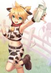  1boy animal_ears animal_print aroeruji3 bell blonde_hair blue_eyes collar cow_boy cow_ears cow_horns cow_print cow_tail cowbell crop_top highres horns kagamine_len midriff milk nail_polish navel neck_bell pale_skin shorts tail vocaloid 