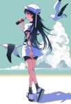  1girl bird black_hair black_legwear bottle cloud copyright_request drinking green_sky hat highres long_hair profile shadow shirt shoes short_sleeves shorts socks solo very_long_hair white_footwear white_headwear white_shirt white_shorts window1228 