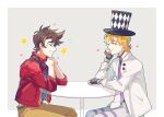  2boys ^_^ argyle battle_tendency blonde_hair brown_hair caesar_anthonio_zeppeli closed_eyes facial_mark feather_hair_ornament feathers hair_ornament happy hat heart highres jacket jojo_no_kimyou_na_bouken joseph_joestar joseph_joestar_(young) male_focus multiple_boys necktie official_alternate_costume pants pickieeeee red_jacket round_table sitting striped striped_pants top_hat white_jacket 