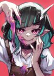  1girl bangs black_hair blue_hair blue_nails closed_mouth commentary_request demon_girl demon_horns eyebrows_visible_through_hair fang fang_out flat_chest heebee highres horns licking_lips looking_at_viewer medium_hair multicolored_hair nail_polish pink_eyes pointy_ears red_background shishio_chris simple_background smile solo sugar_lyric tongue tongue_out two-tone_hair upper_body virtual_youtuber 