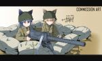  2girls absurdres alternate_costume ammunition_belt animal_ears blonde_hair blue_hair brown_hair browning_m1919 commission ezo_red_fox_(kemono_friends) fox_ears fox_tail gun helmet highres kemono_friends kochiya_tenko long_hair long_sleeves machine_gun military military_uniform multiple_girls sandbag shell_casing sidelocks silver_fox_(kemono_friends) tail uniform weapon world_war_ii 