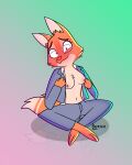  2021 anthro barkyeet blush bottomwear breasts canid canine clothed clothing diane_foxington dreamworks eyewear female fox fur glasses gradient_background hi_res mammal necktie nipples open_mouth orange_body orange_fur pants signature simple_background sitting solo suit tan_body tan_skin the_bad_guys tongue tongue_out 