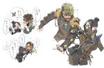  1boy 1girl airship_assassin_wraith annoyed apex_legends b3_wingman black_gloves black_hair blonde_hair brown_hair brown_jacket brown_scarf fingerless_gloves gloves goggles goggles_on_head gun hair_bun handgun highres holding holding_gun holding_knife holding_weapon jacket knife mask mirage_(apex_legends) mouth_mask multiple_views official_alternate_costume open_hands perfect_illusion_mirage renee_shika_egakan revolver scarf speech_bubble tongue tongue_out translation_request v-shaped_eyebrows veins weapon wraith&#039;s_kunai wraith_(apex_legends) 