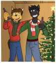  anthro arm_around_shoulders arm_around_waist beard blush bottle bottomwear canid canine canis christmas christmas_clothing christmas_sweater christmas_topwear christmas_tree clothed clothing coyote denim denim_clothing drunk duo equid equine facial_hair fully_clothed fuze hi_res holding_bottle holding_object holidays horse jeans male mammal pants plant polaroid rod_reyes sam_jackson scarf substance_intoxication sweater texnatsu topwear tree 