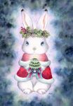  absurdres animal animal_focus blue_eyes bow bunny christmas_tree closed_mouth commentary_request ears_up glowing gradient gradient_background head_wreath highres holding looking_at_viewer mistletoe no_humans original painting_(medium) santa_dress short_sleeves signature sinsousui star_(symbol) striped striped_bow toes traditional_media watercolor_(medium) 