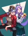  2girls animal_ears black_dress black_pants blue_bow bow bright_pupils brown_headwear brown_shirt character_request check_character cup dress gold_ship_(umamusume) grey_hair hair_bow hand_on_hip hands_up highres holding holding_cup holding_spoon horse_ears horse_tail invisible_chair long_sleeves mejiro_mcqueen_(umamusume) multiple_girls pants pink_eyes pink_ribbon purple_eyes purple_hair red_shirt ribbon shirt sitting spoon tail umamusume white_pupils white_shirt window1228 