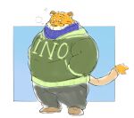  2022 anthro bottomwear clothing eyes_closed felid inunoshippo kemono male mammal overweight overweight_male pantherine pants scarf simple_background solo sweater tiger topwear 