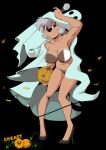  anthro breasts brown_body brown_fur canid canine canis clothed clothing domestic_dog female food fruit fur grey_hair hair halloween hi_res holidays mammal open_mouth partially_clothed plant pumpkin simple_background solo yawg 