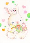  :3 animal animal_focus bird bunny chibi chibi_on_head closed_eyes closed_mouth commentary_request ears_up friends heart highres holding hug no_humans on_head original painting_(medium) simple_background sinsousui sitting traditional_media watercolor_(medium) white_background 