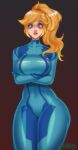  1girl arms_under_breasts blonde_hair blue_bodysuit bodysuit breasts covered_navel cowboy_shot eyeshadow freckles gradient gradient_background green_eyes highres hizzacked large_breasts long_hair looking_at_viewer makeup metroid ponytail samus_aran solo thick_thighs thighs zero_suit 