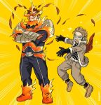  2boys arm_guards beard belt blonde_hair bodysuit bodysuit_under_clothes boku_no_hero_academia boots burn_scar costume crossed_arms emphasis_lines endeavor_(boku_no_hero_academia) eye_mask facial_hair facial_mark feathered_wings feathers fingerless_gloves fire full_body fur-trimmed_jacket fur_trim gloves goatee grin hawks_(boku_no_hero_academia) headphones jacket kadeart legs_apart long_bangs looking_at_viewer male_focus mature_male multiple_boys muscular muscular_male mustache pyrokinesis red_feathers red_hair red_wings rimless_eyewear scar scar_across_eye scar_on_cheek scar_on_face scar_on_mouth serious short_hair sideburns skin_tight smile spiked_hair stubble superhero sweatdrop thighs tinted_eyewear twitter_username vambraces wings yellow_background 