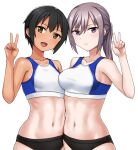  2girls :d asymmetrical_docking bangs bare_shoulders black_hair breast_press breasts brown_eyes buruma closed_mouth collarbone commentary_request cowboy_shot eyebrows_visible_through_hair flat_chest groin hair_between_eyes hand_up hashi long_hair looking_at_viewer medium_breasts midriff multiple_girls navel open_mouth original ponytail purple_eyes short_sleeves sidelocks silver_hair simple_background smile sports_bikini sports_bra standing tan tanlines taut_clothes tomboy toned v white_background 