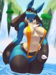  absurd_res anthro big_breasts bikini blue_body blue_fur breasts choker clothed clothing eyelashes female front_view fur hi_res huge_breasts jewelry looking_at_viewer lucario navel necklace nintendo nipple_outline outside partially_submerged pok&eacute;mon pok&eacute;mon_(species) racoe red_eyes skimpy sling_bikini solo swimwear video_games wide_hips 