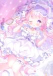 1girl animal_ears bell blush candy cat_ears cat_girl cat_tail collar dress food hand_mirror heart highres lolita_fashion lollipop looking_up lying mirror neck_bell omochi_monaka on_back on_bed one_eye_closed original pale_skin pastel_colors pink_hair purple_eyes tail tired 
