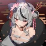  1girl bare_shoulders black_hair blurry blurry_foreground breasts chest_sarashi choker cleavage eyebrows_visible_through_hair eyelashes fang flower frills fur_trim hair_bun hair_flower hair_ornament hair_stick hand_on_own_chest highres hololive large_breasts mono_(mono_zzz) multicolored_hair open_mouth red_eyes sakamata_chloe sarashi short_hair sidelocks silver_hair skin_fang solo streaked_hair upper_body 