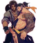  2boys abs arms aroused bangs bara bare_pectorals bare_shoulders beard black_hair breasts brown_hair bursting_pectorals cassidy_(overwatch) cleavage cum erection facial facial_hair fingerless_gloves from_side gloves hair hanzo_(overwatch) highres holo_eden japanese_clothes large_pectorals looking_at_penis mature_female multiple_boys muscular muscular_male navel nipples open_clothes open_shirt overwatch pectorals penis penis_grab penis_touching_tip_of_penis precum sash stomach tattoo tattoo_sleve testicles tied_hair yellow_sash 